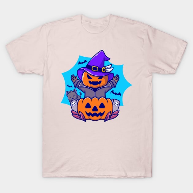 Cute Witch Pumpkin Halloween With Cat And Bat Cartoon T-Shirt by Catalyst Labs